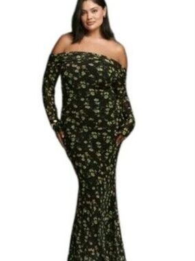 AFRM Off-Shoulder Black And Green Floral Mesh Maxi Dress Size 16/1X